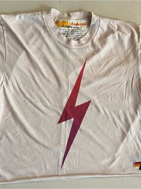 Aviator Nation Cream Cropped Boxy Tee with Burgundy Lightning Accent